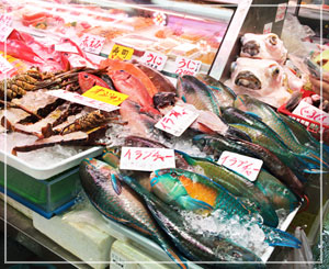 「牧志公設市場」にて。南国のお魚がいっぱい。